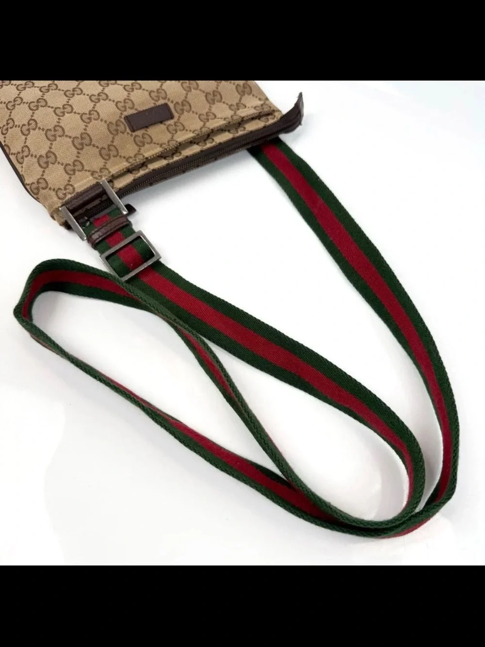 Gucci Brown GG Canvas Messenger Bag with Green-Red Web Strap